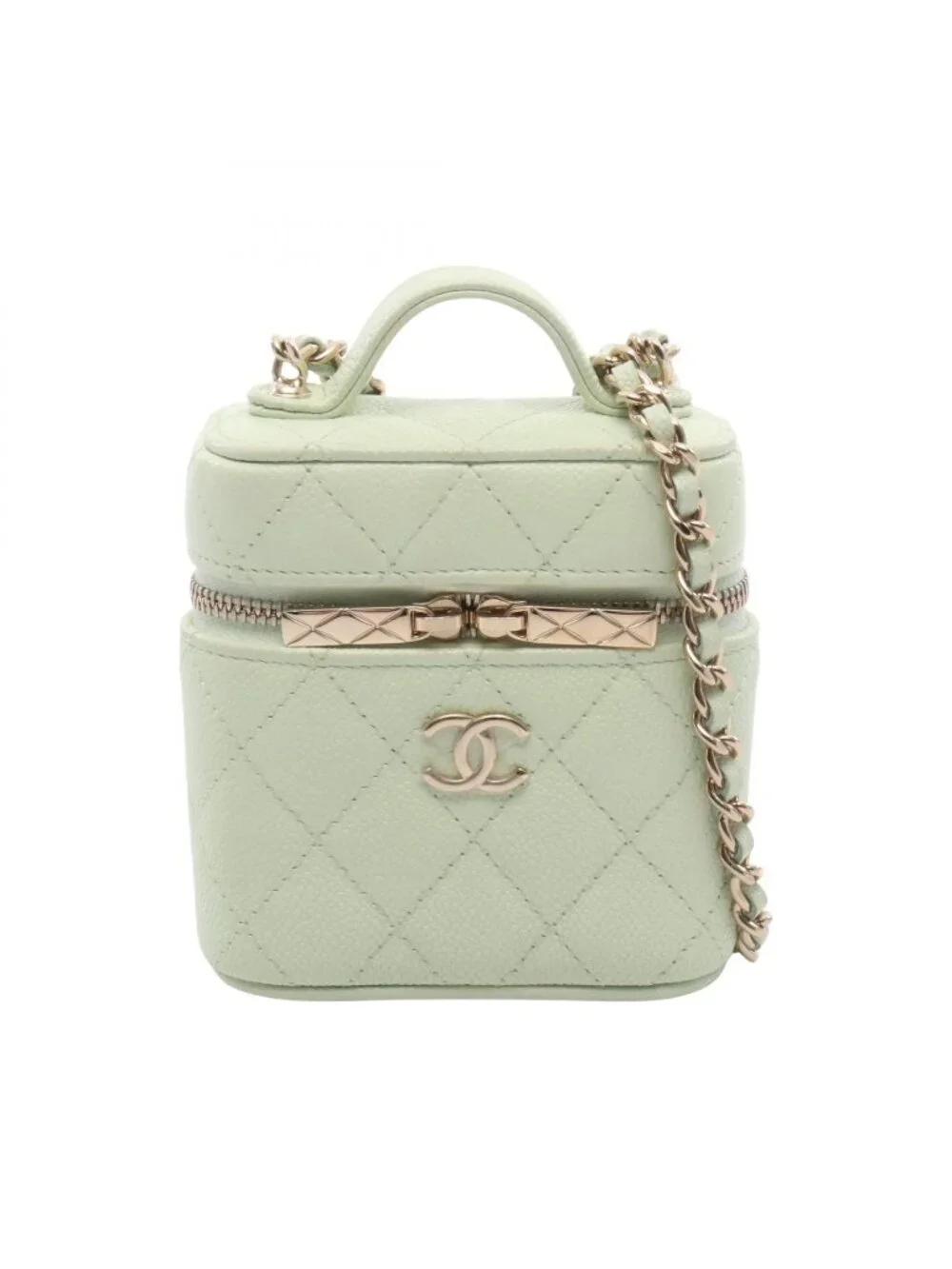 Chanel Shoulder Bag Quilted Yellow Green Caviar Leather Mini Vanity 2-Way Chain